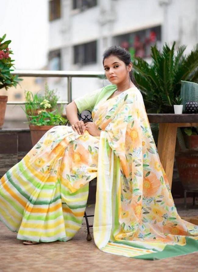Plain Linen Multi Color Casual Wear Digital Printed Saree